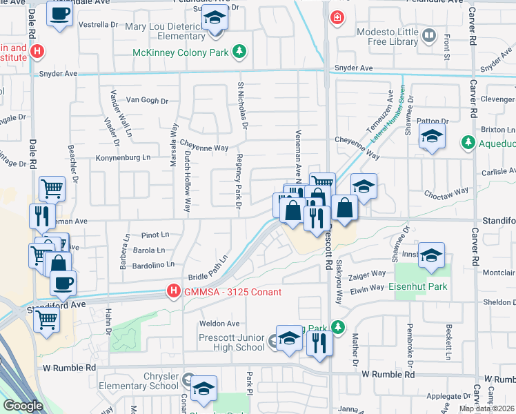 map of restaurants, bars, coffee shops, grocery stores, and more near 3525 Blackstone Way in Modesto