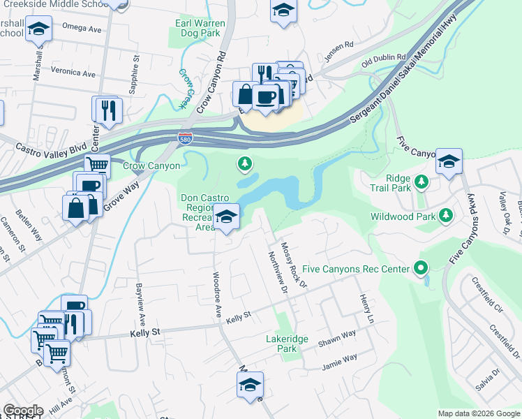 map of restaurants, bars, coffee shops, grocery stores, and more near 3320 Monika Lane in Hayward