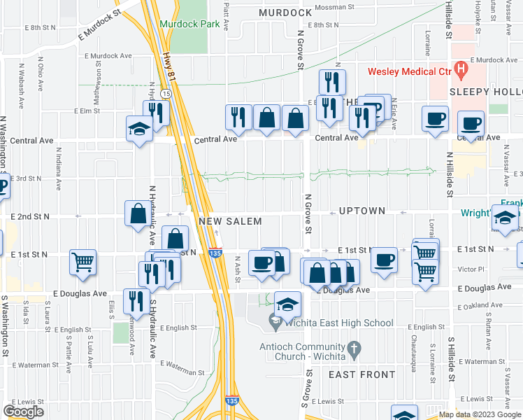 map of restaurants, bars, coffee shops, grocery stores, and more near 2222 East 2nd Street North in Wichita