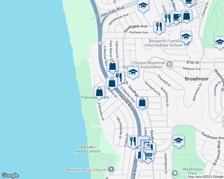 map of restaurants, bars, coffee shops, grocery stores, and more near 201 Skyline Drive in Daly City