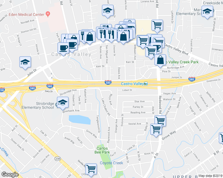 map of restaurants, bars, coffee shops, grocery stores, and more near 21354 Rizzo Avenue in Castro Valley