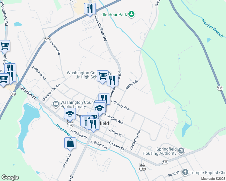 map of restaurants, bars, coffee shops, grocery stores, and more near 1111 Lincoln Park Road in Springfield