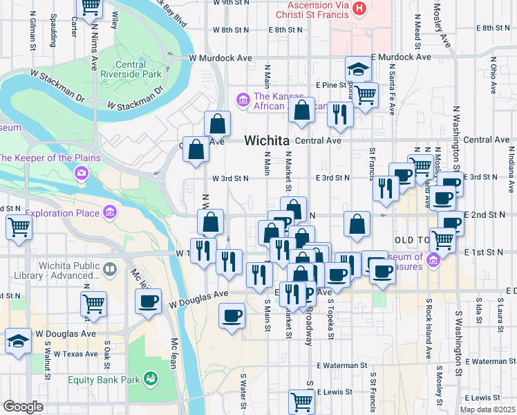 map of restaurants, bars, coffee shops, grocery stores, and more near in Wichita