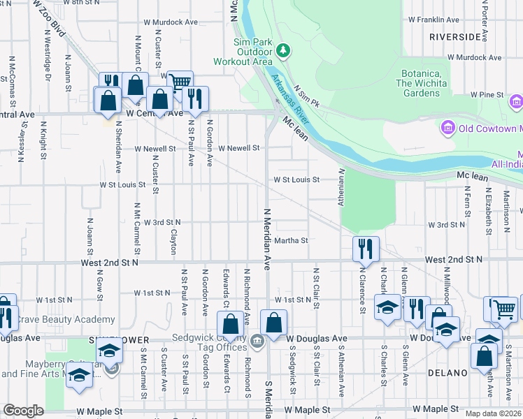 map of restaurants, bars, coffee shops, grocery stores, and more near 421 North Meridian Avenue in Wichita