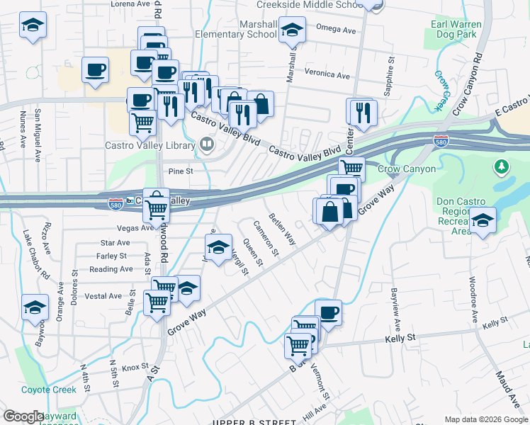 map of restaurants, bars, coffee shops, grocery stores, and more near 21906 Betlen Way in Castro Valley