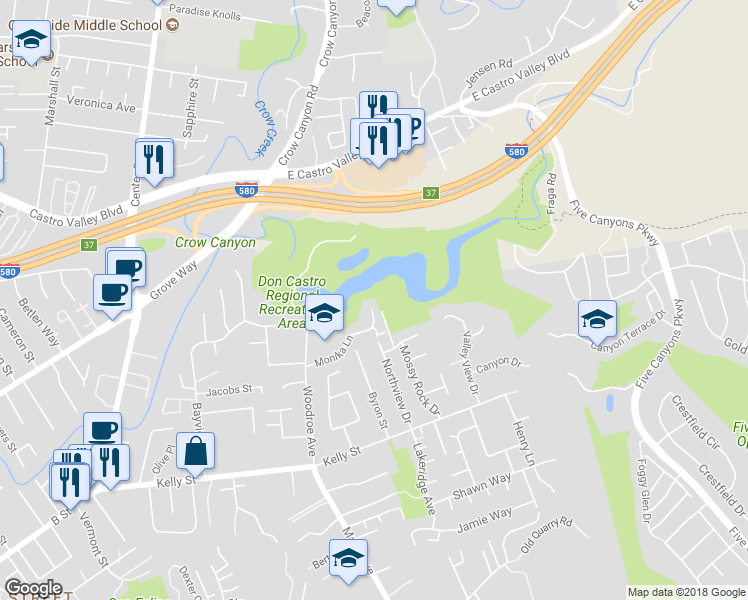 map of restaurants, bars, coffee shops, grocery stores, and more near 3320 Monika Lane in Hayward