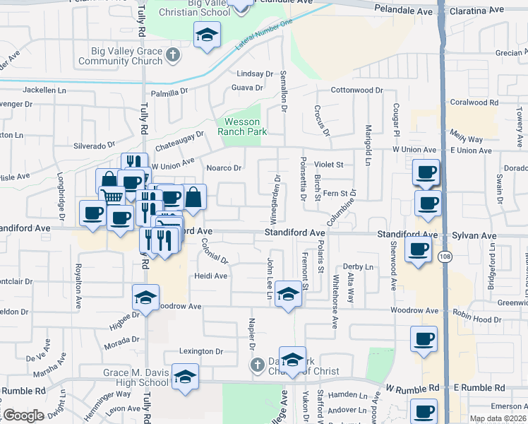 map of restaurants, bars, coffee shops, grocery stores, and more near 825 Pennington Place in Modesto