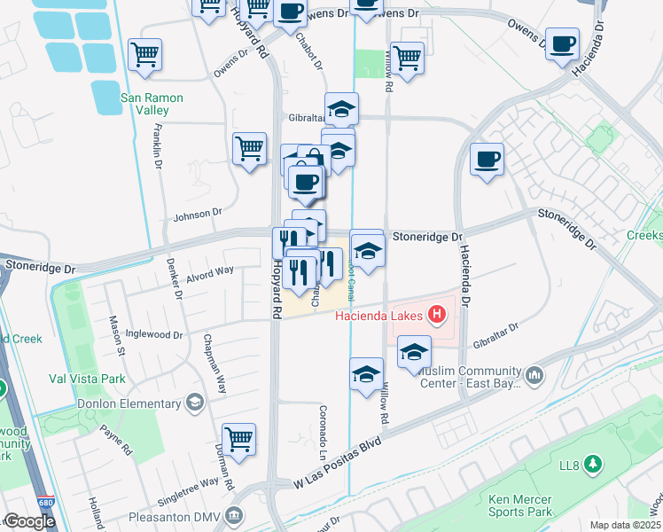 map of restaurants, bars, coffee shops, grocery stores, and more near 5960 Stoneridge Drive in Pleasanton