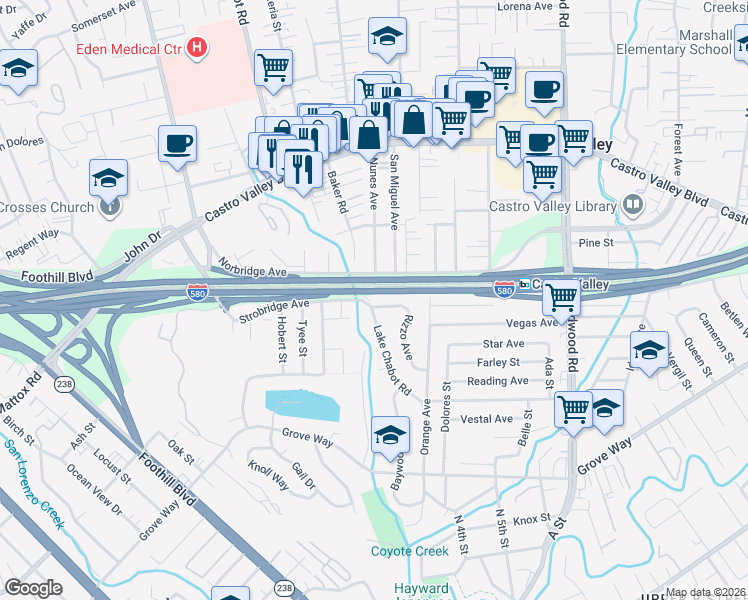 map of restaurants, bars, coffee shops, grocery stores, and more near 21319 Rizzo Avenue in Castro Valley