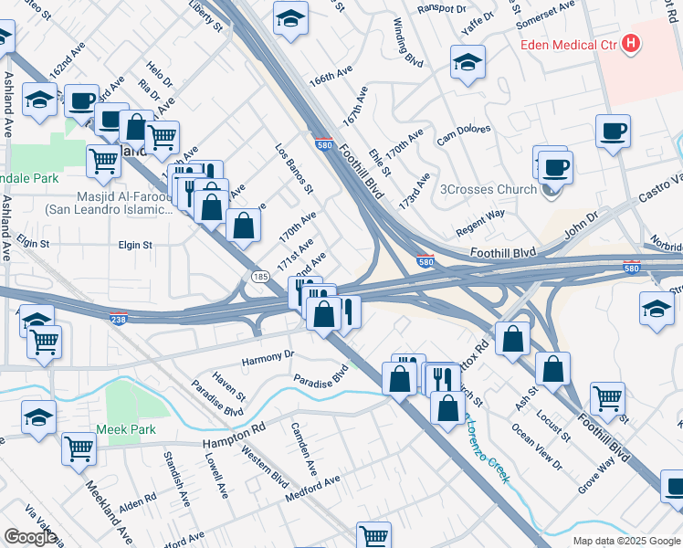 map of restaurants, bars, coffee shops, grocery stores, and more near 17356 Esteban Street in Hayward