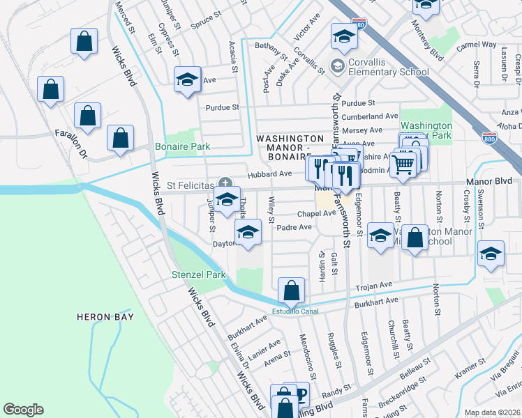 map of restaurants, bars, coffee shops, grocery stores, and more near 15031 Costela Street in San Leandro