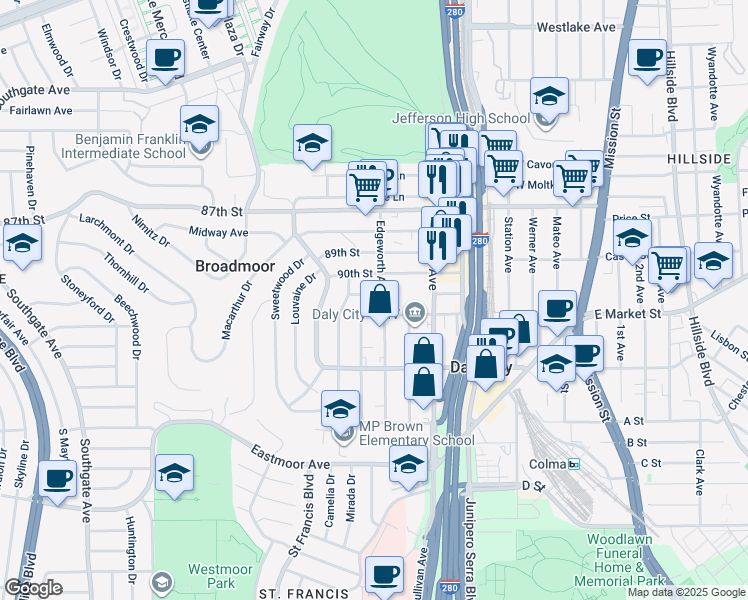 map of restaurants, bars, coffee shops, grocery stores, and more near 410 91st Street in Daly City