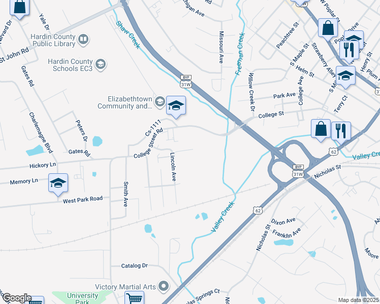 map of restaurants, bars, coffee shops, grocery stores, and more near 103-1F College Station Court in Elizabethtown