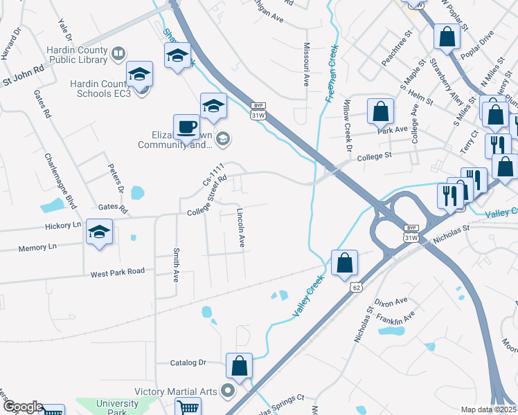 map of restaurants, bars, coffee shops, grocery stores, and more near 103-1F College Station Court in Elizabethtown