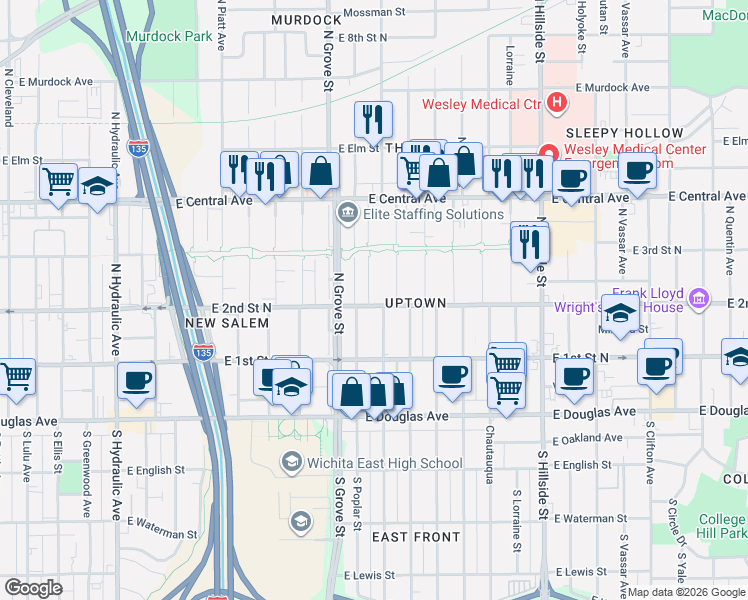 map of restaurants, bars, coffee shops, grocery stores, and more near 319 North Green Street in Wichita