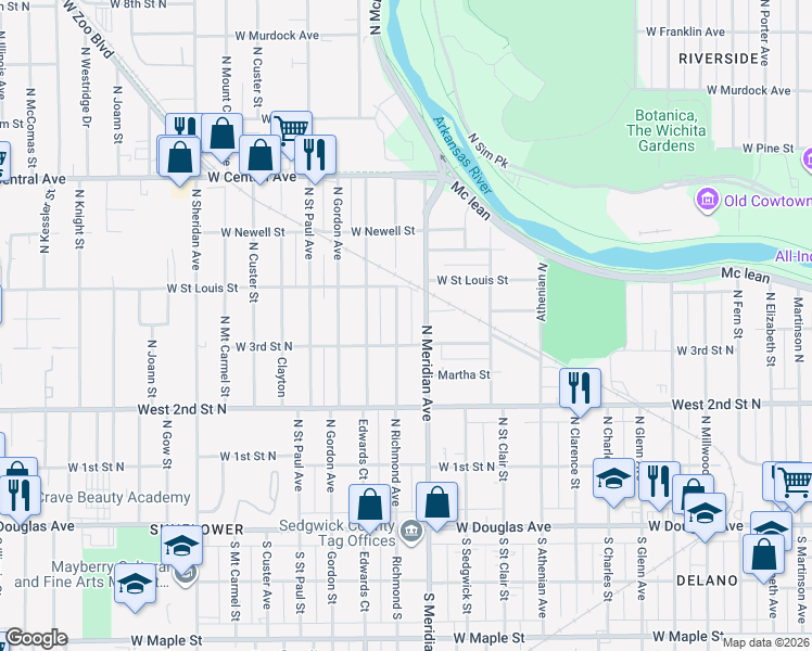 map of restaurants, bars, coffee shops, grocery stores, and more near 432 Richmond North in Wichita