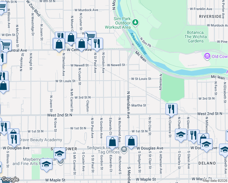 map of restaurants, bars, coffee shops, grocery stores, and more near 427 North Edwards in Wichita
