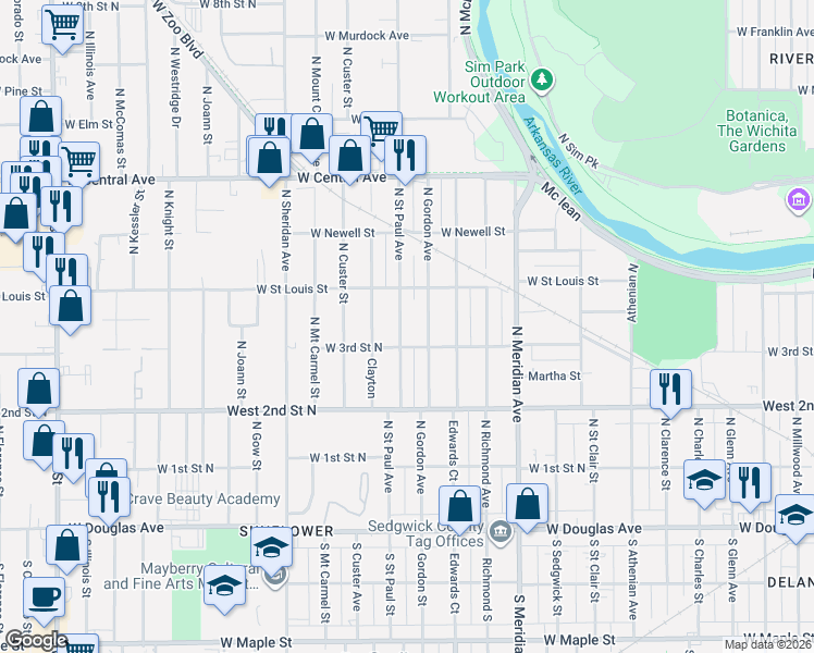 map of restaurants, bars, coffee shops, grocery stores, and more near 434 North Saint Paul Street in Wichita