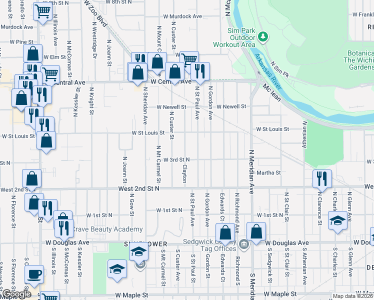 map of restaurants, bars, coffee shops, grocery stores, and more near 432 North Clayton Street in Wichita