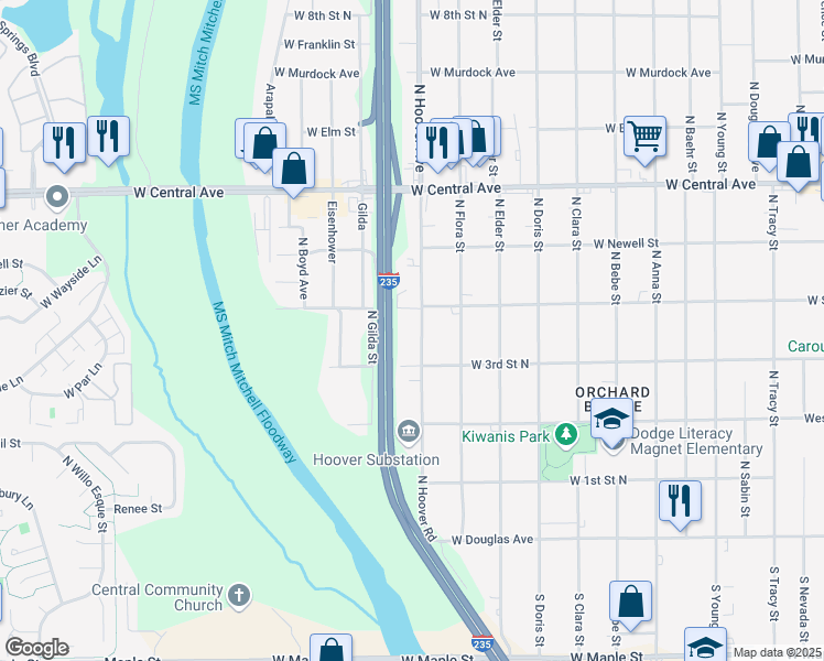 map of restaurants, bars, coffee shops, grocery stores, and more near 433 North Hoover Road in Wichita