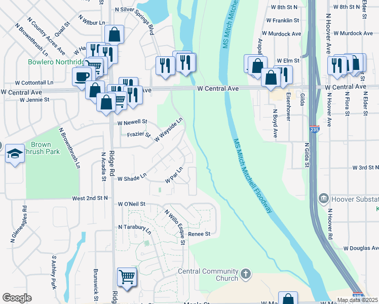 map of restaurants, bars, coffee shops, grocery stores, and more near 6725 West Shade Lane in Wichita