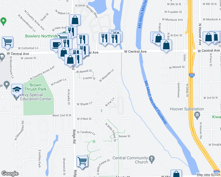 map of restaurants, bars, coffee shops, grocery stores, and more near 6725 West Shade Lane in Wichita