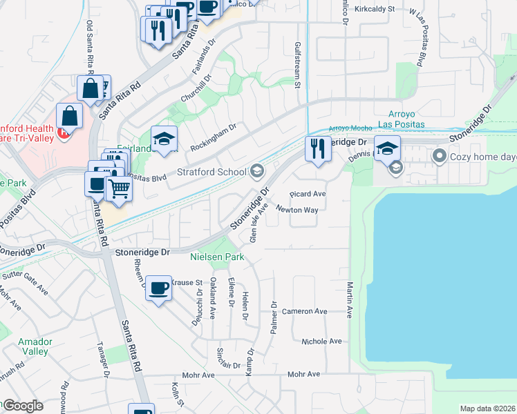 map of restaurants, bars, coffee shops, grocery stores, and more near 3824 Stone Pointe Way in Pleasanton