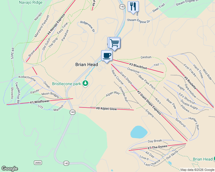 map of restaurants, bars, coffee shops, grocery stores, and more near 700 South Vasels Road in Brian Head