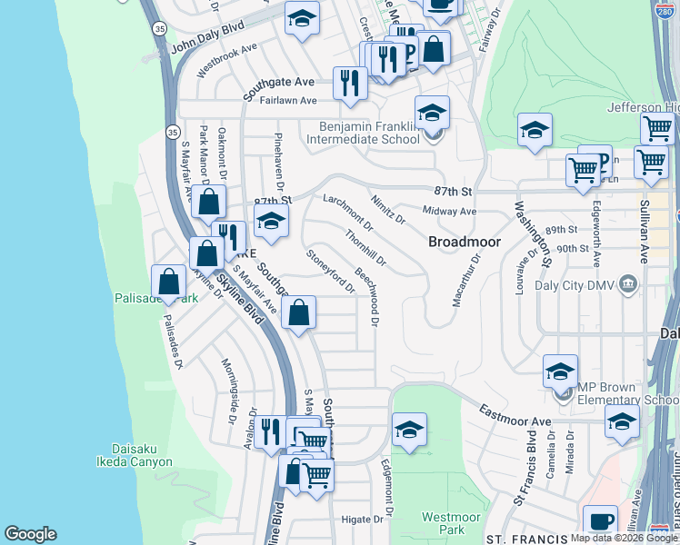 map of restaurants, bars, coffee shops, grocery stores, and more near 736 Stoneyford Drive in Daly City