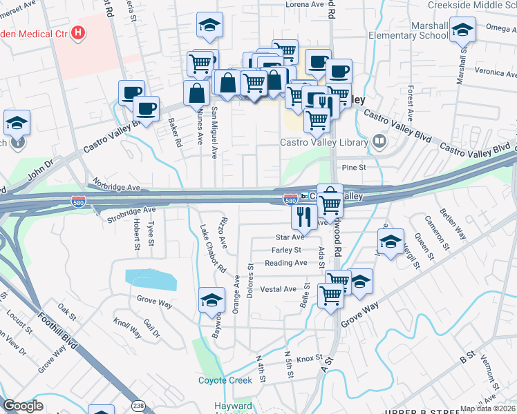 map of restaurants, bars, coffee shops, grocery stores, and more near 2234 Lobert Street in Castro Valley