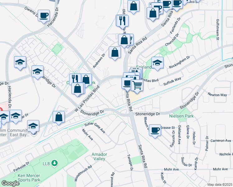map of restaurants, bars, coffee shops, grocery stores, and more near 3174 Zuni Way in Pleasanton