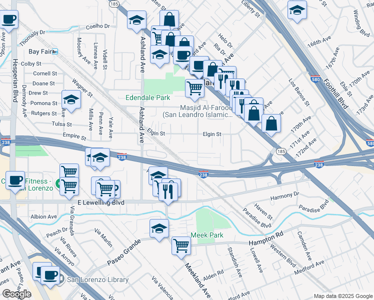 map of restaurants, bars, coffee shops, grocery stores, and more near 927 Lynn Court in San Lorenzo