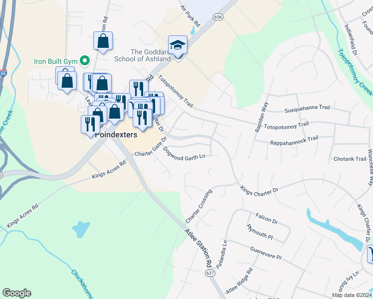 map of restaurants, bars, coffee shops, grocery stores, and more near 9425 Apple Blossom Drive in Mechanicsville