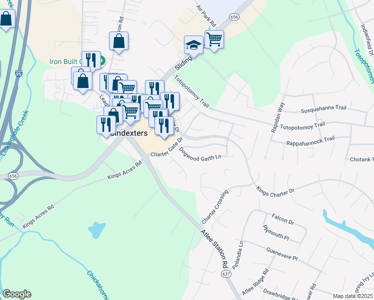 map of restaurants, bars, coffee shops, grocery stores, and more near 9440 Apple Blossom Drive in Mechanicsville