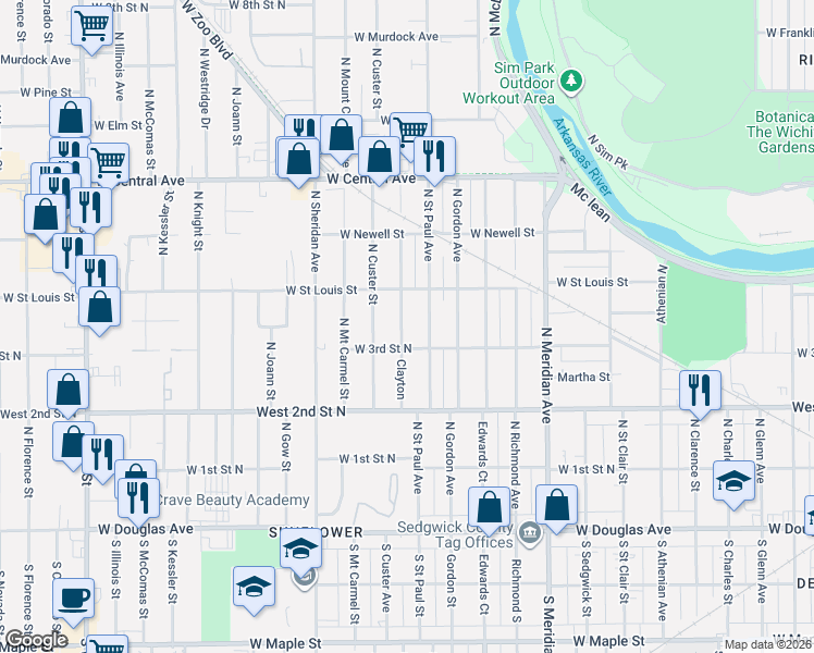 map of restaurants, bars, coffee shops, grocery stores, and more near 432 North Clayton Street in Wichita