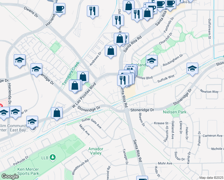 map of restaurants, bars, coffee shops, grocery stores, and more near 3174 Zuni Way in Pleasanton