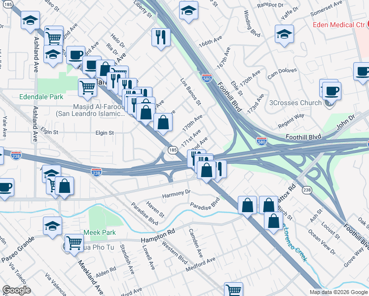 map of restaurants, bars, coffee shops, grocery stores, and more near 1470 171st Avenue in Hayward