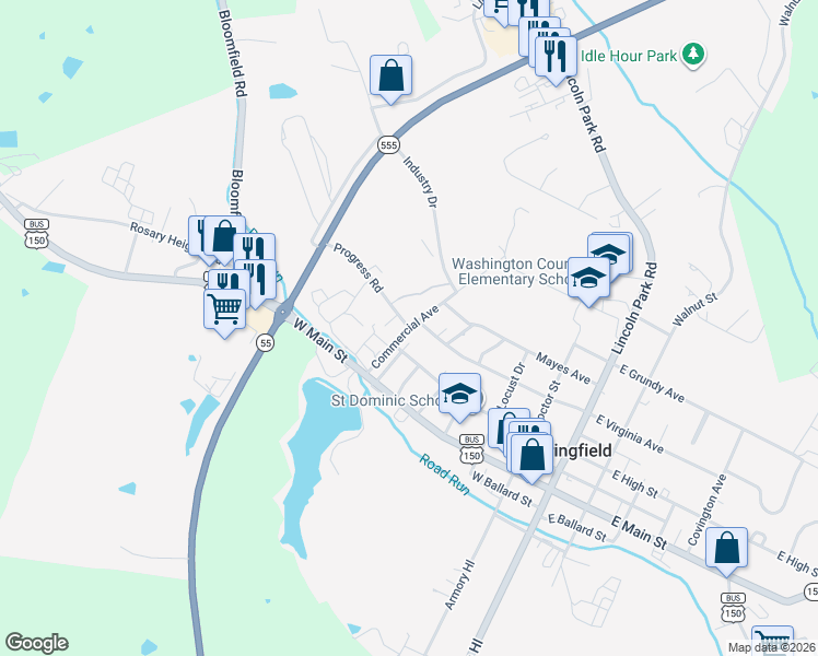 map of restaurants, bars, coffee shops, grocery stores, and more near Commercial Avenue in Springfield