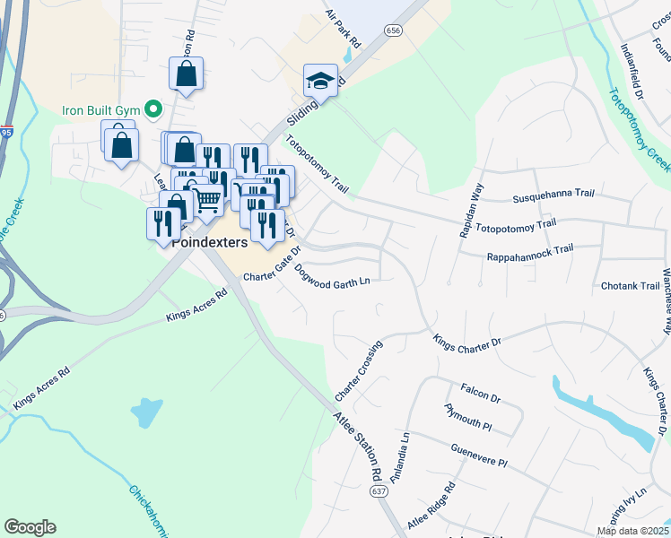 map of restaurants, bars, coffee shops, grocery stores, and more near 9425 Apple Blossom Drive in Mechanicsville