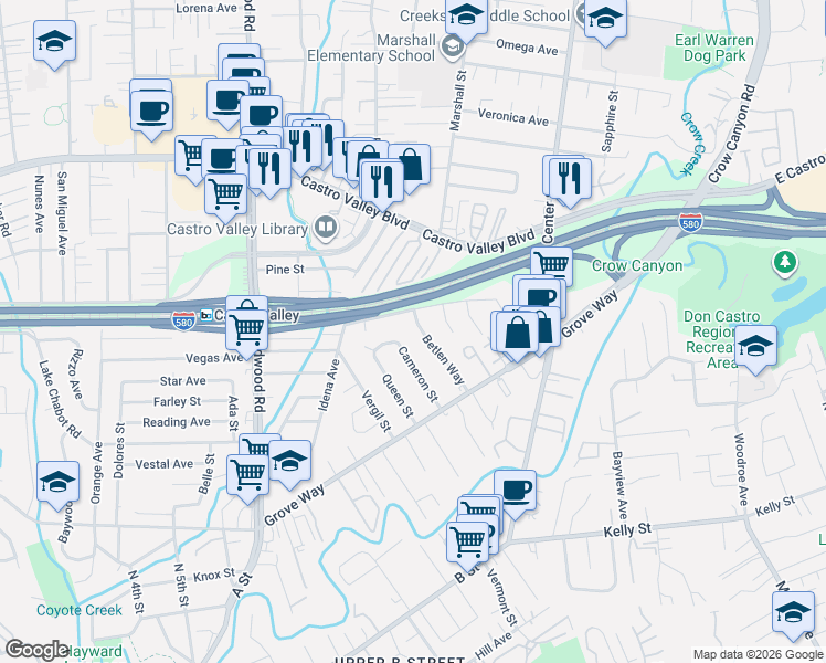 map of restaurants, bars, coffee shops, grocery stores, and more near 21906 Betlen Way in Castro Valley