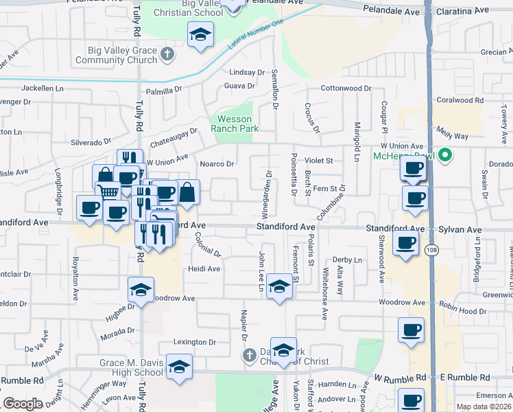 map of restaurants, bars, coffee shops, grocery stores, and more near 825 Pennington Place in Modesto