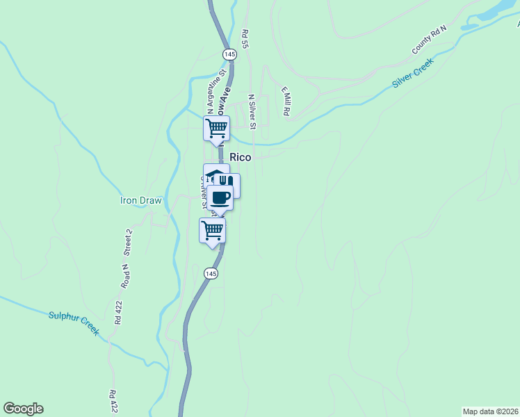 map of restaurants, bars, coffee shops, grocery stores, and more near 102 South Silver Street in Rico