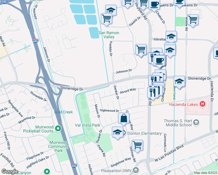 map of restaurants, bars, coffee shops, grocery stores, and more near 4696 Corday Court in Pleasanton