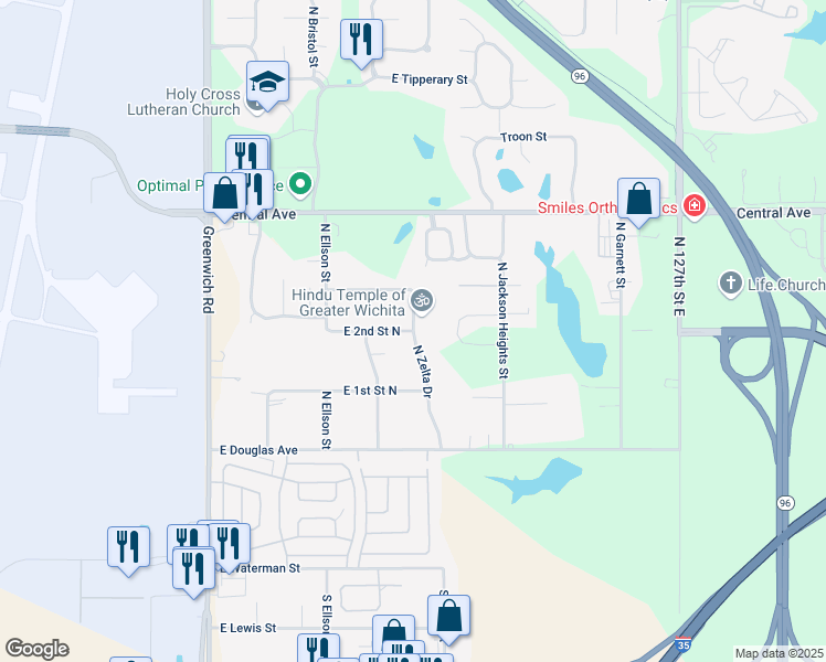map of restaurants, bars, coffee shops, grocery stores, and more near 300 North Zelta Street in Wichita