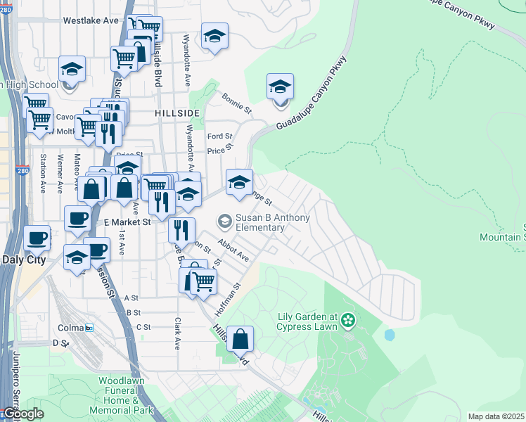 map of restaurants, bars, coffee shops, grocery stores, and more near 615 Florence Street in Daly City