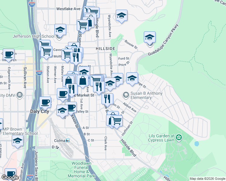 map of restaurants, bars, coffee shops, grocery stores, and more near 444a East Market Street in Daly City