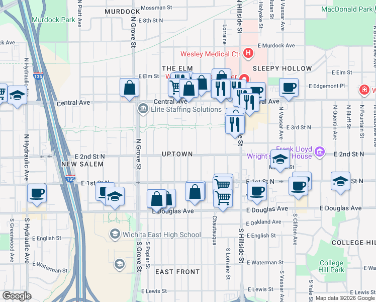 map of restaurants, bars, coffee shops, grocery stores, and more near 2726 East 2nd Street North in Wichita