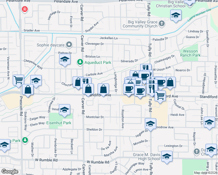 map of restaurants, bars, coffee shops, grocery stores, and more near 3508 Penridge Court in Modesto