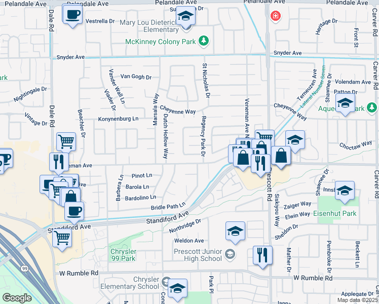 map of restaurants, bars, coffee shops, grocery stores, and more near 2328 Bromwich Court in Modesto