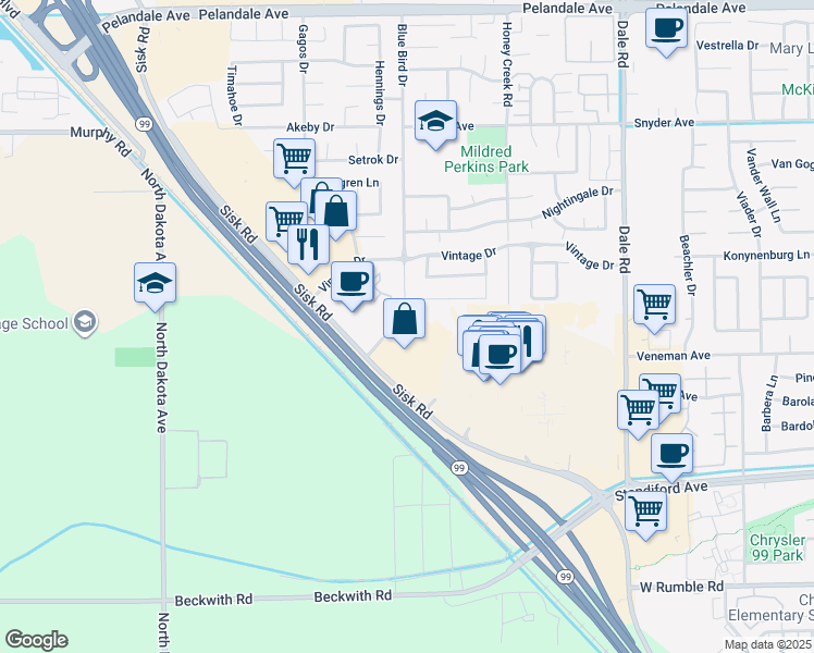 map of restaurants, bars, coffee shops, grocery stores, and more near 3500 Sisk Road in Modesto